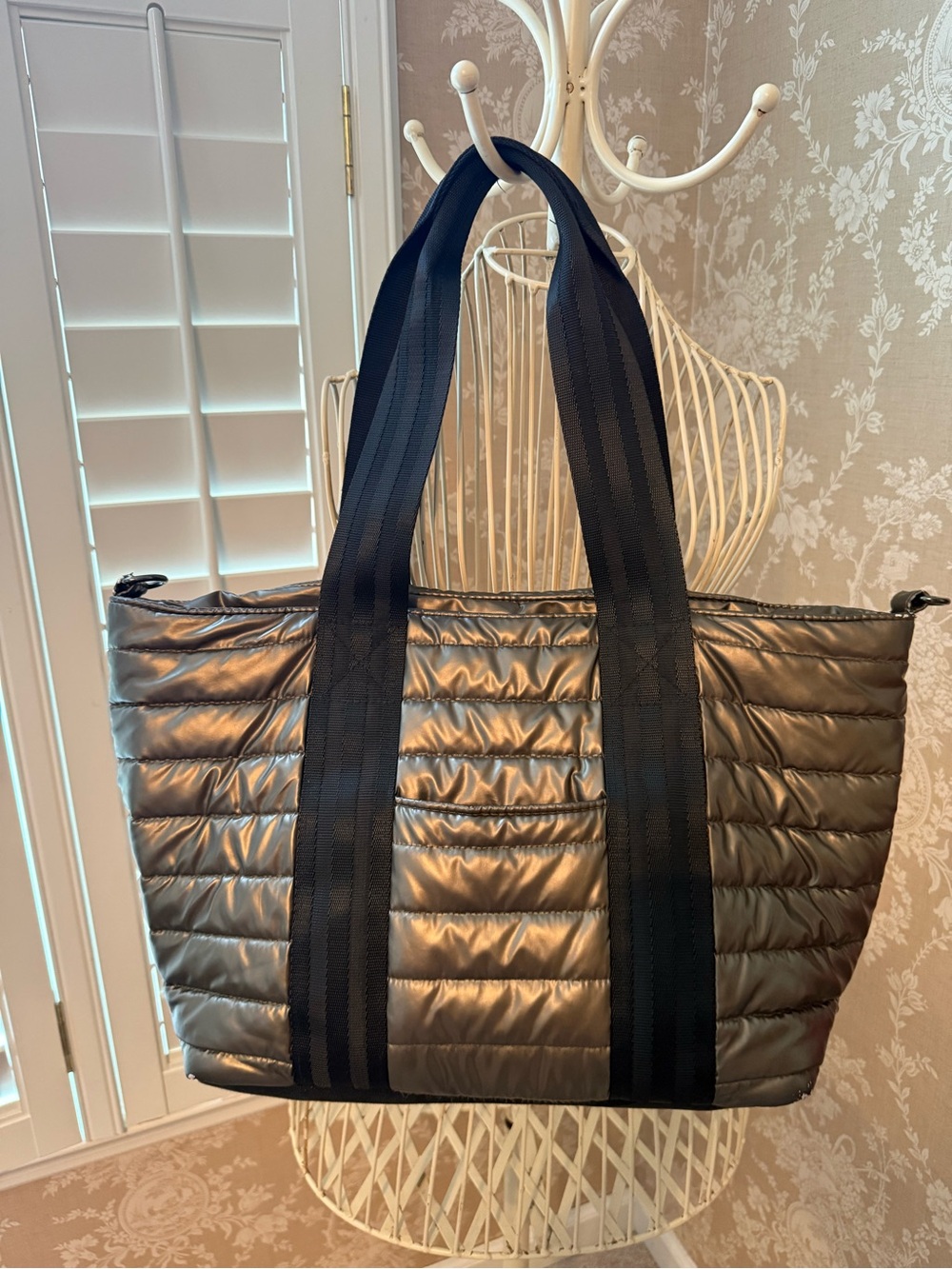 THINK ROYLN Metallic Puffer Tote in Gunmetal with Black Straps